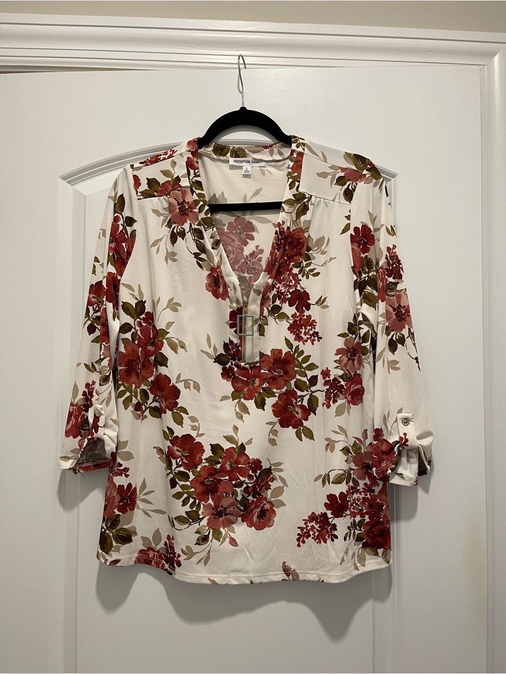 Cream Blouse with Deep Red Floral Print